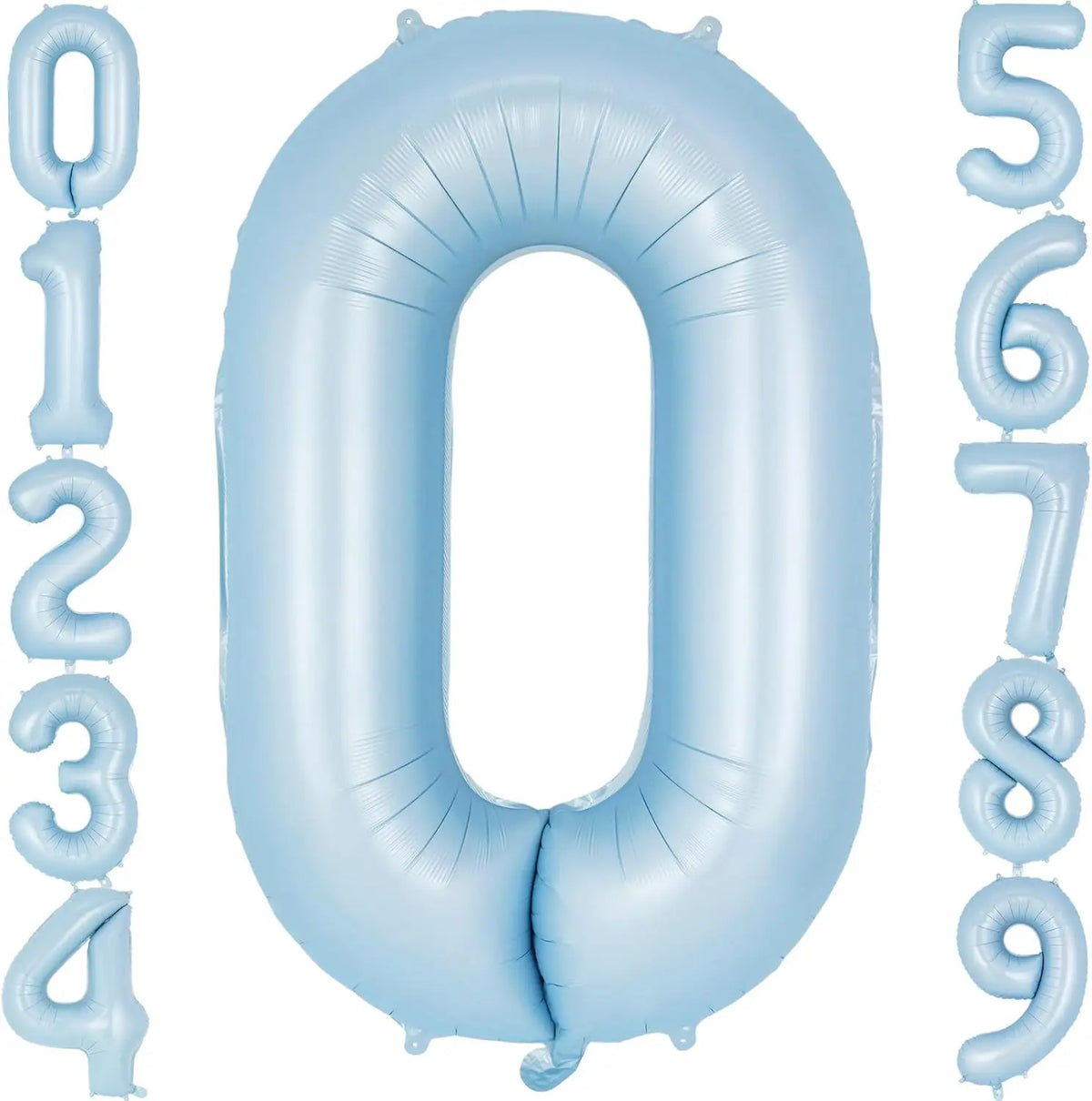 A large light blue foil number balloon shaped like the digit zero.