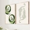 A set of two canvas prints featuring a sage green cheetah and pool ball design on white backgrounds.