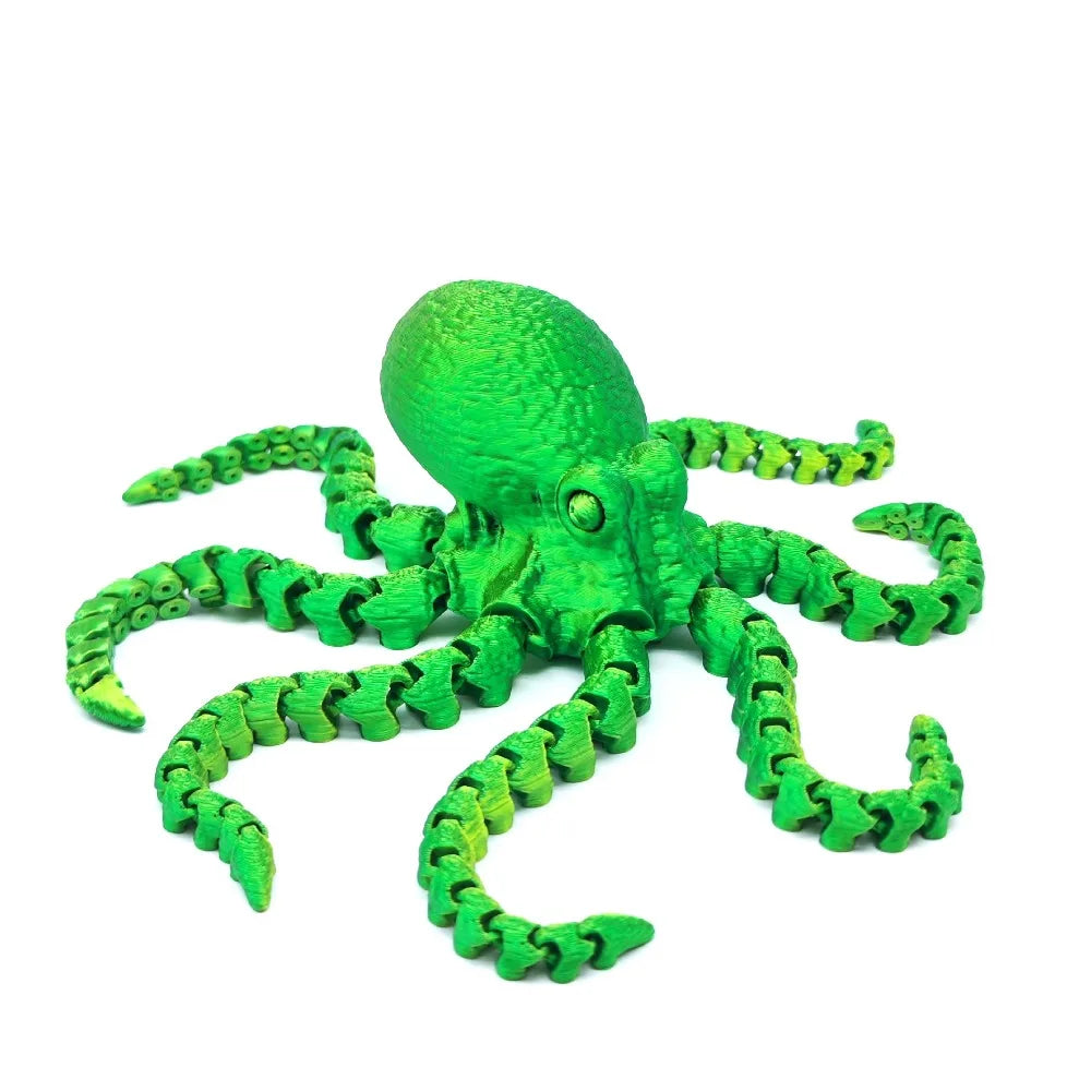 A bright green articulated 3D printed octopus figurine.