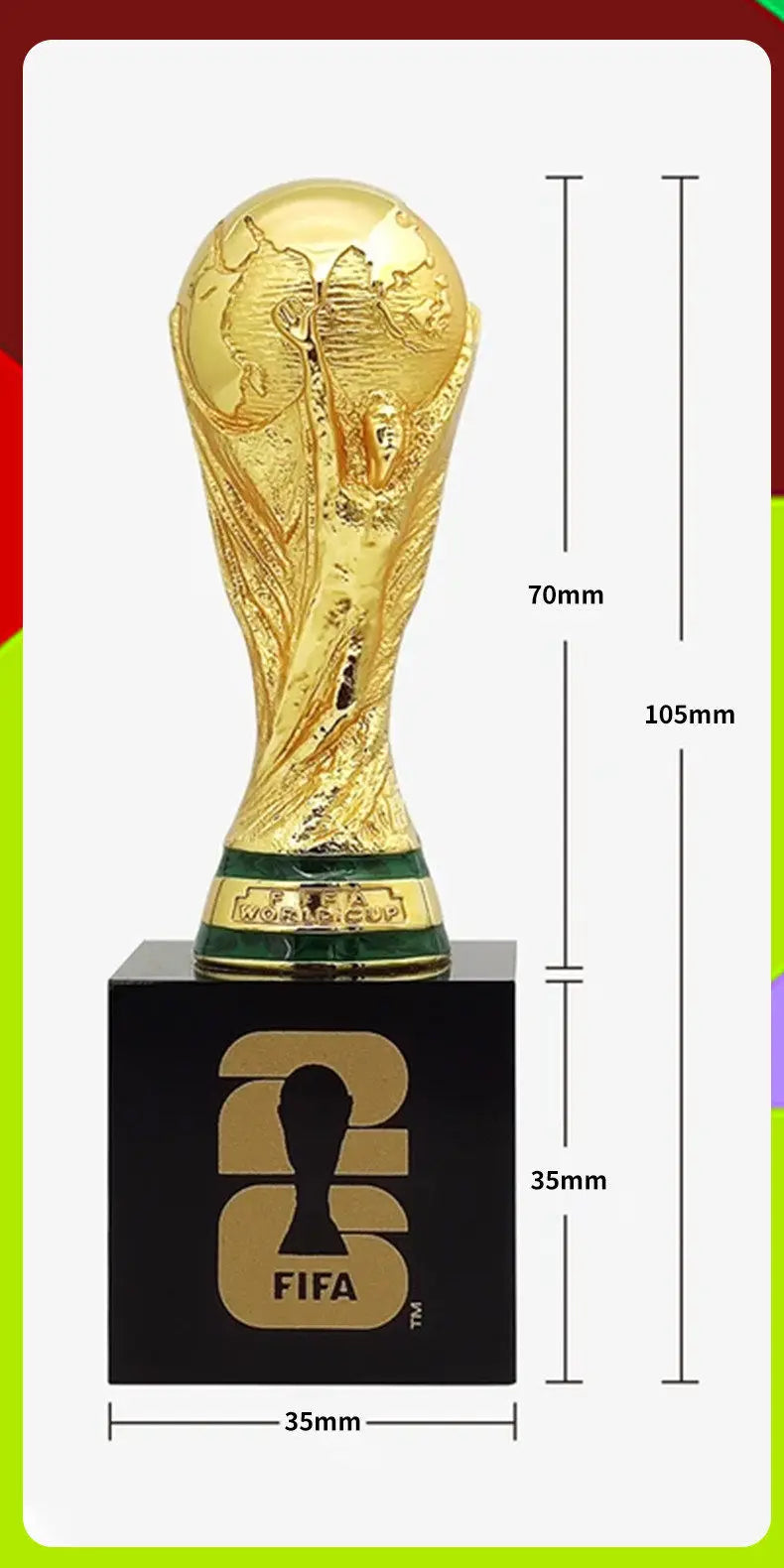 Gold-colored figurine of the FIFA World Cup trophy displayed on a black base.