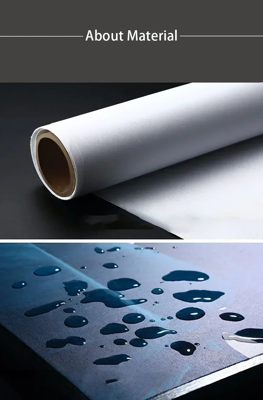 Roll of white canvas material next to a sheet showing blue liquid drops on the surface