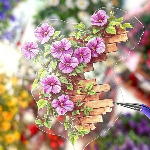 Vintage rose and vine corner stickers featuring pink flowers growing on a wooden plank background