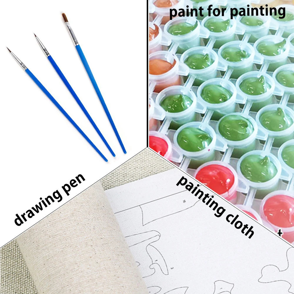 A set of drawing pens and paint pots used for a painting by numbers kit featuring an African woman portrait.