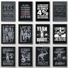 A canvas print featuring various motivational phrases and gym-related text on a dark background.