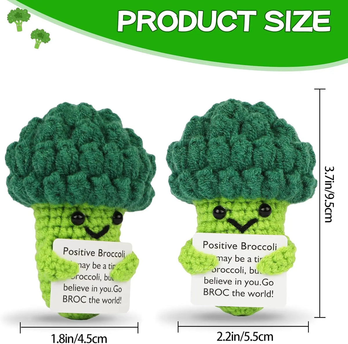Handmade crochet broccoli doll with a positive message card