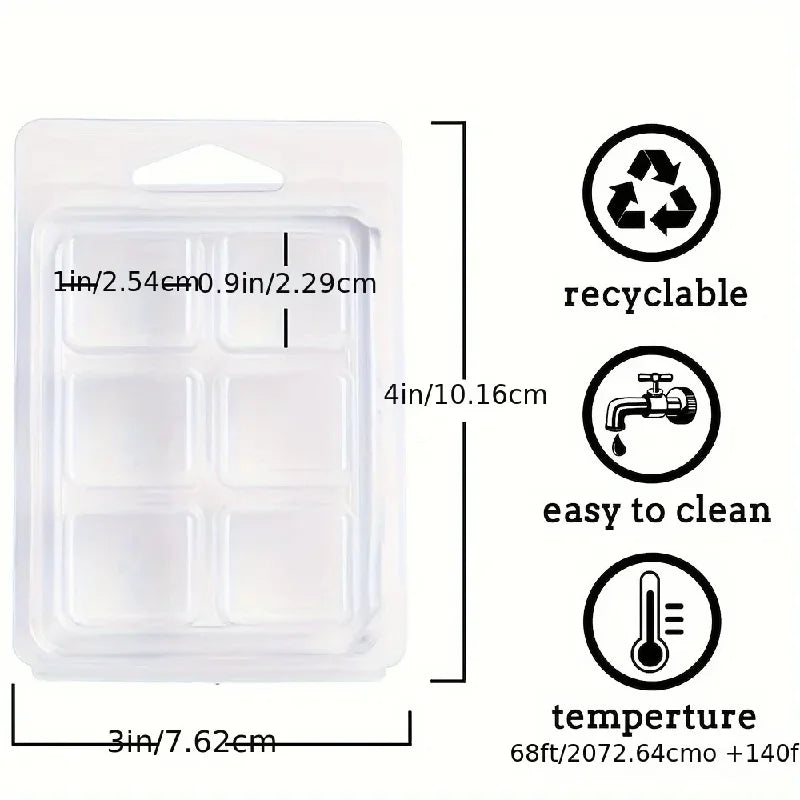 Clear plastic clamshell molds for DIY wax melts showing various sizes and dimensions.