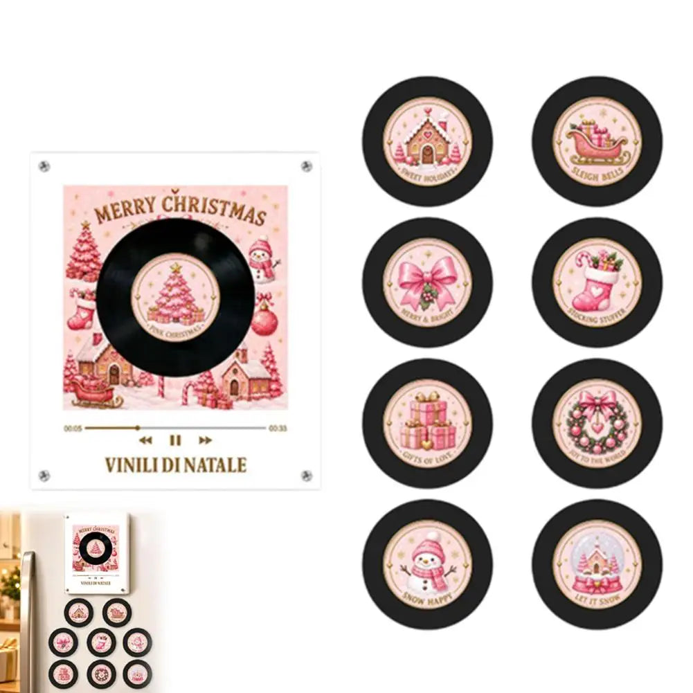 Set of nine magnetic vinyl record night lights featuring Christmas themes and LED glow