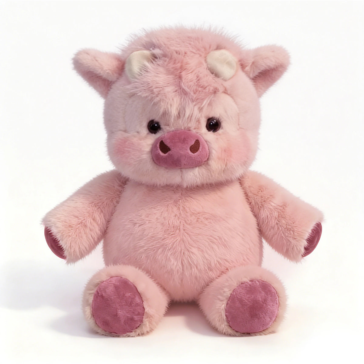 A pink West Highland calf plush toy with soft fur and small horns.