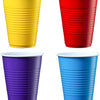 A set of four disposable party cups in yellow, red, purple, and blue.