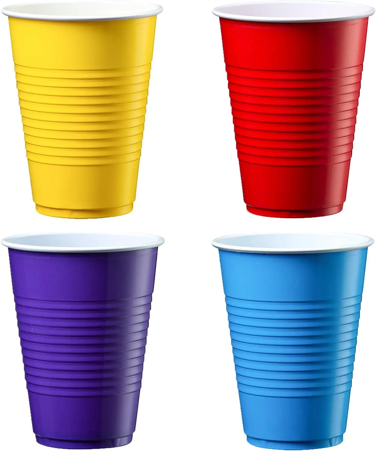 A set of four disposable party cups in yellow, red, purple, and blue.