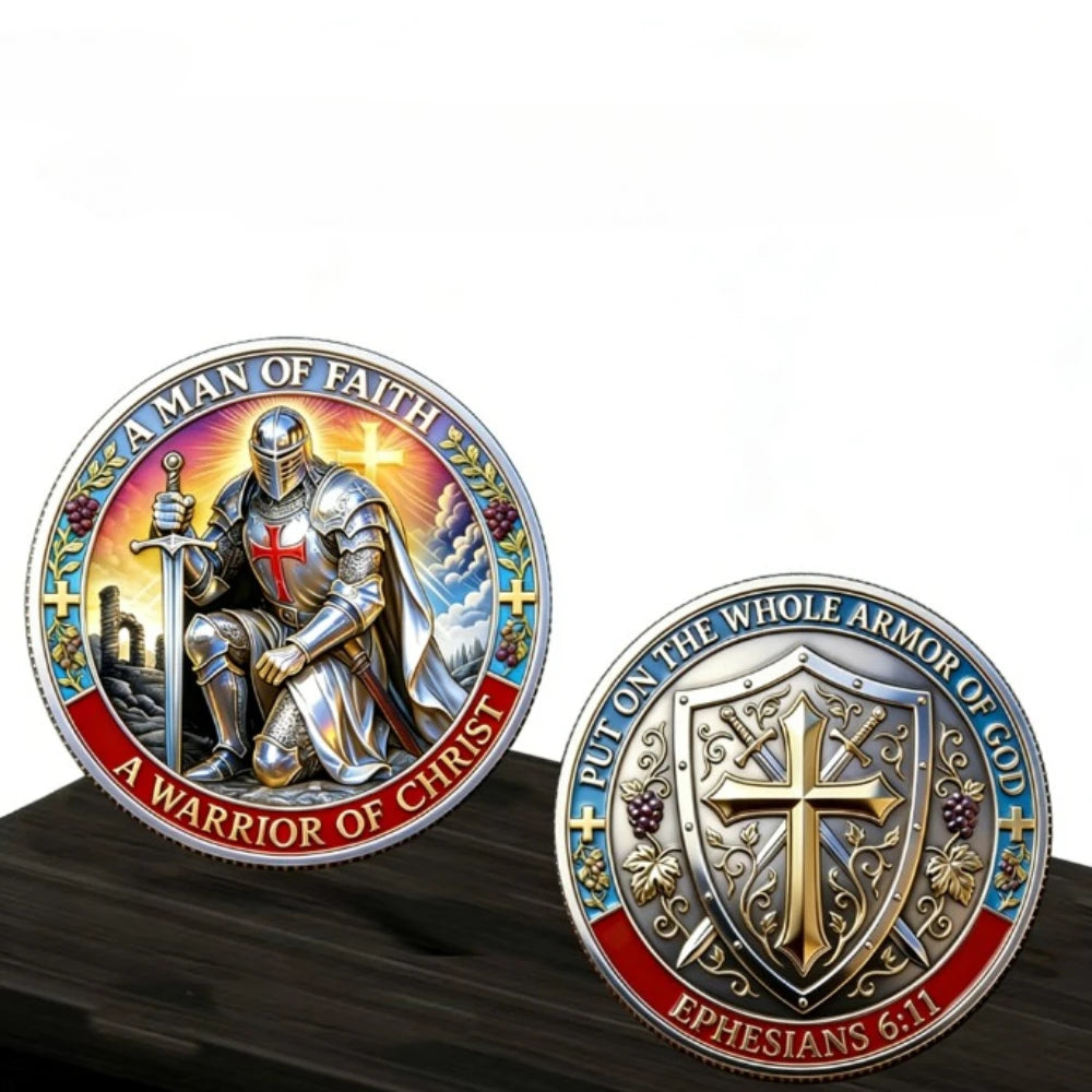 A commemorative coin featuring a warrior of Christ design with a cross and the scripture Ephesians 6:11