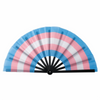 A colorful folding hand fan with blue and pink stripes, opened to show the fan blades.