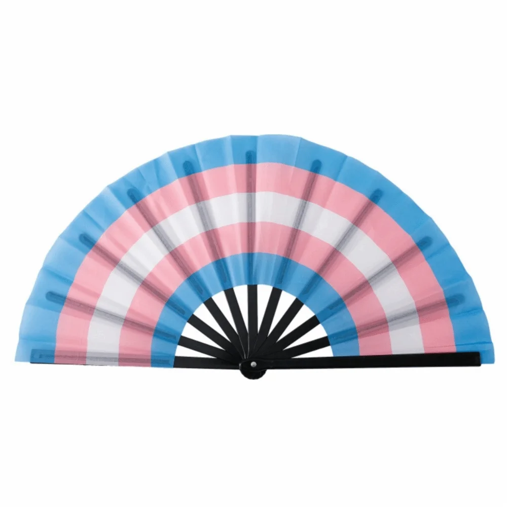 A colorful folding hand fan with blue and pink stripes, opened to show the fan blades.