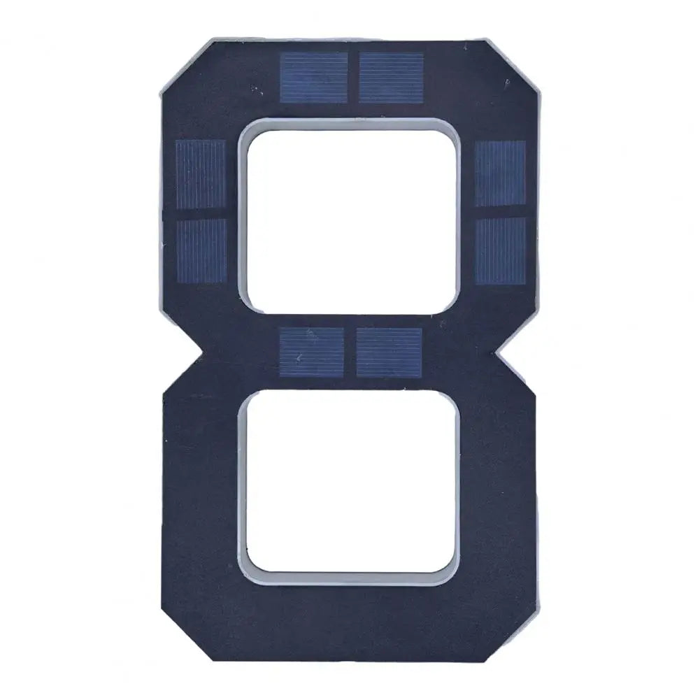 A dark blue solar LED house number sign shaped like the number 8 with automatic dusk-to-dawn lighting.