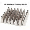 A collection of 48 numbered stainless steel frosting nozzles for cake and cookie decorating.
