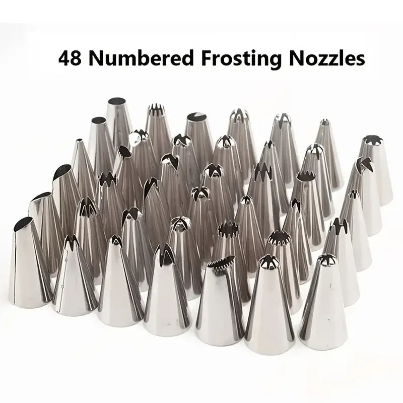 A collection of 48 numbered stainless steel frosting nozzles for cake and cookie decorating.