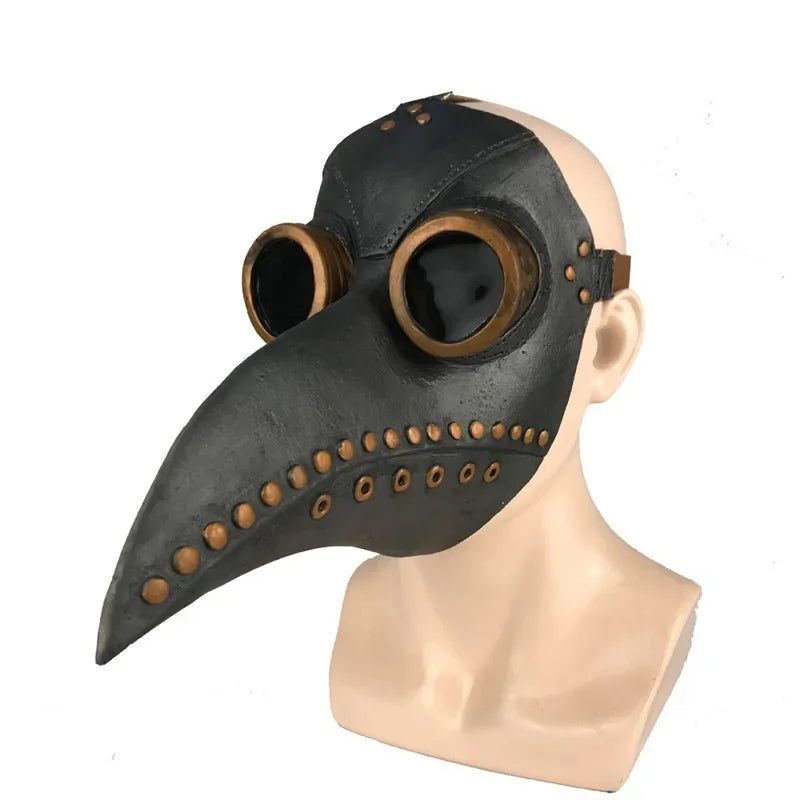 A realistic horror animal mask with leather detailing and large eye openings displayed on a mannequin head.