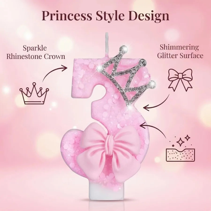 Pink princess style design candle with a crown and bow for a birthday cake topper