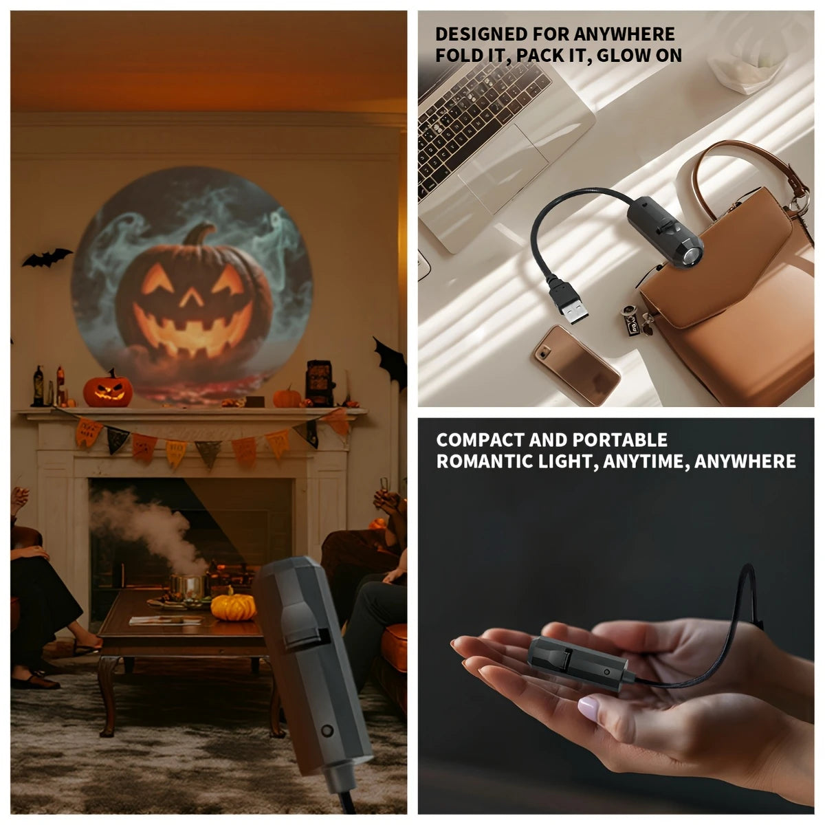 A compact LED projection lamp is shown in various contexts, including a fireplace mantel and held in a hand.
