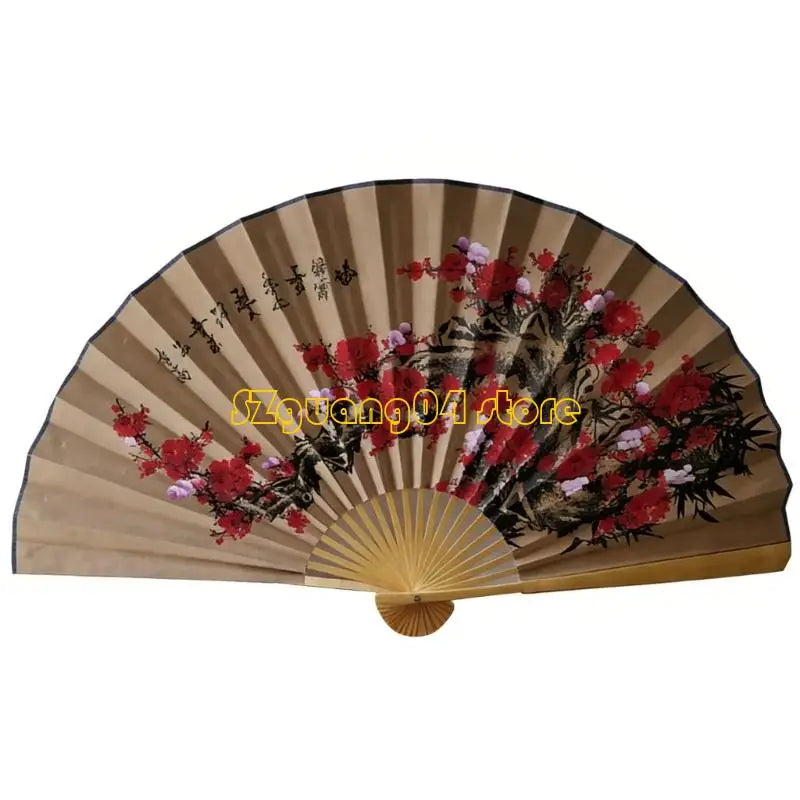 Large decorative Chinese theme wall fan with a pleated, beige and red design.