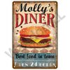A vintage-style metal plaque featuring text for Molly's Diner and an illustration of a hamburger.