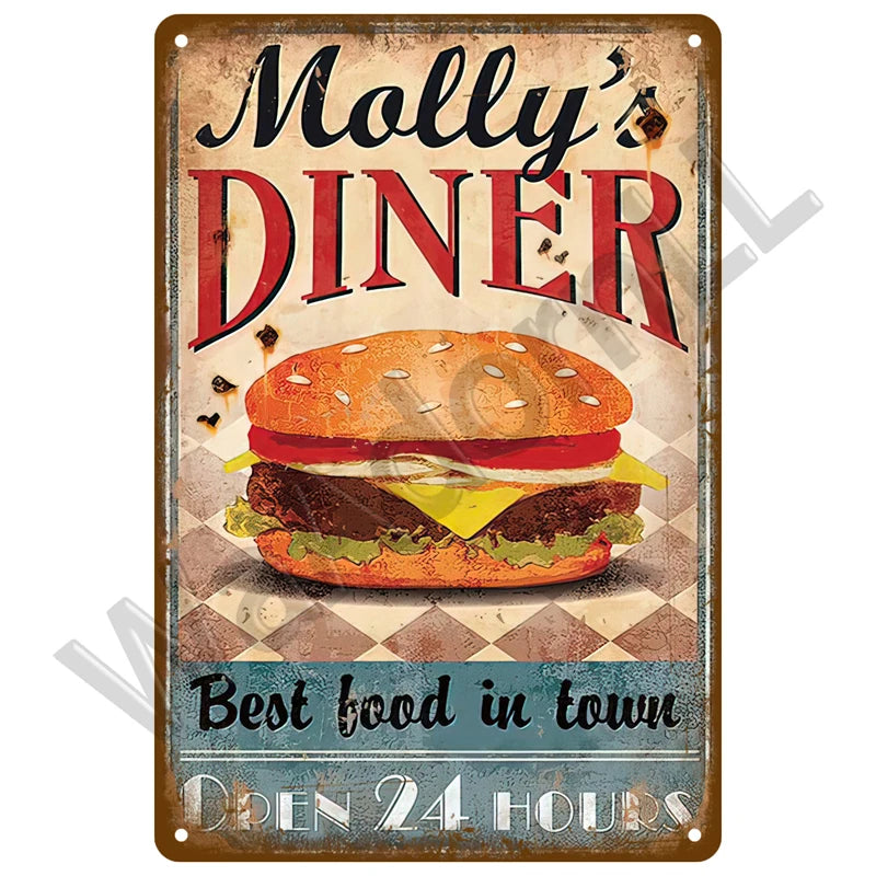A vintage-style metal plaque featuring text for Molly's Diner and an illustration of a hamburger.