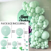 A large arrangement of pastel blue balloons forming a vertical arch, with various sizes and accessories shown below.