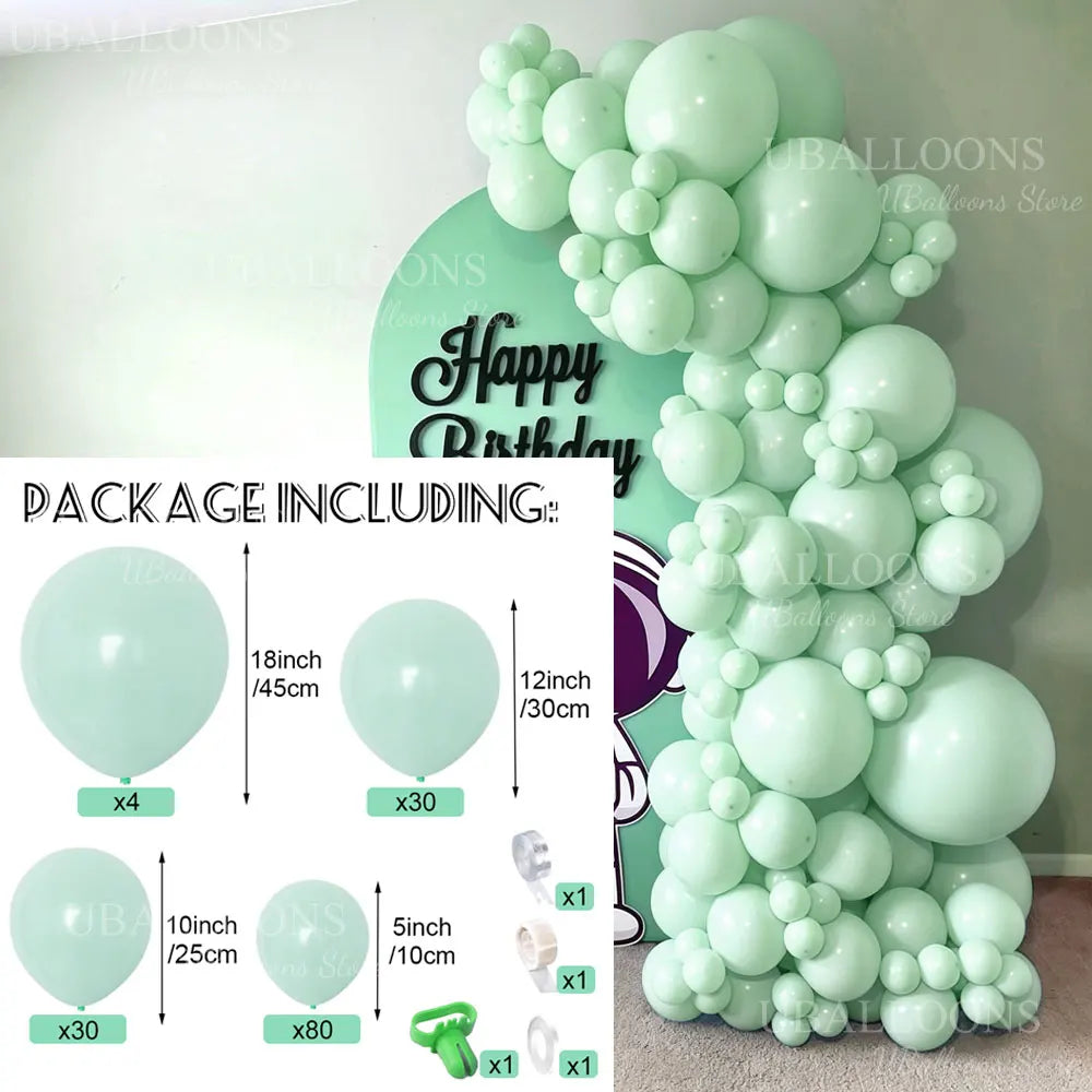 A large arrangement of pastel blue balloons forming a vertical arch, with various sizes and accessories shown below.