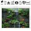 A vertical banner featuring a stone waterfall and lush green plants creating a natural backdrop.
