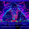 A dark tapestry featuring a wizard with a long beard and glowing purple and blue light effects.