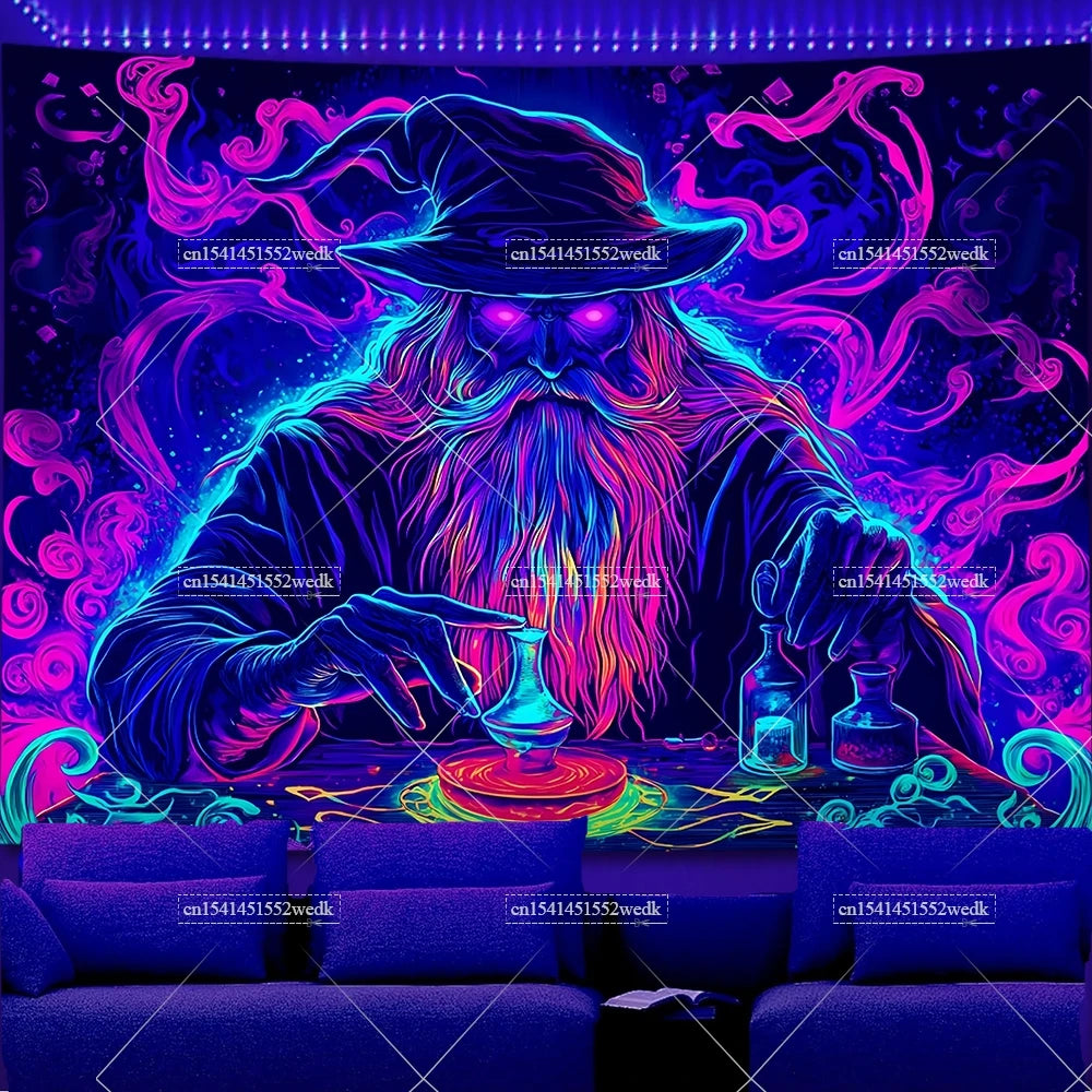A dark tapestry featuring a wizard with a long beard and glowing purple and blue light effects.
