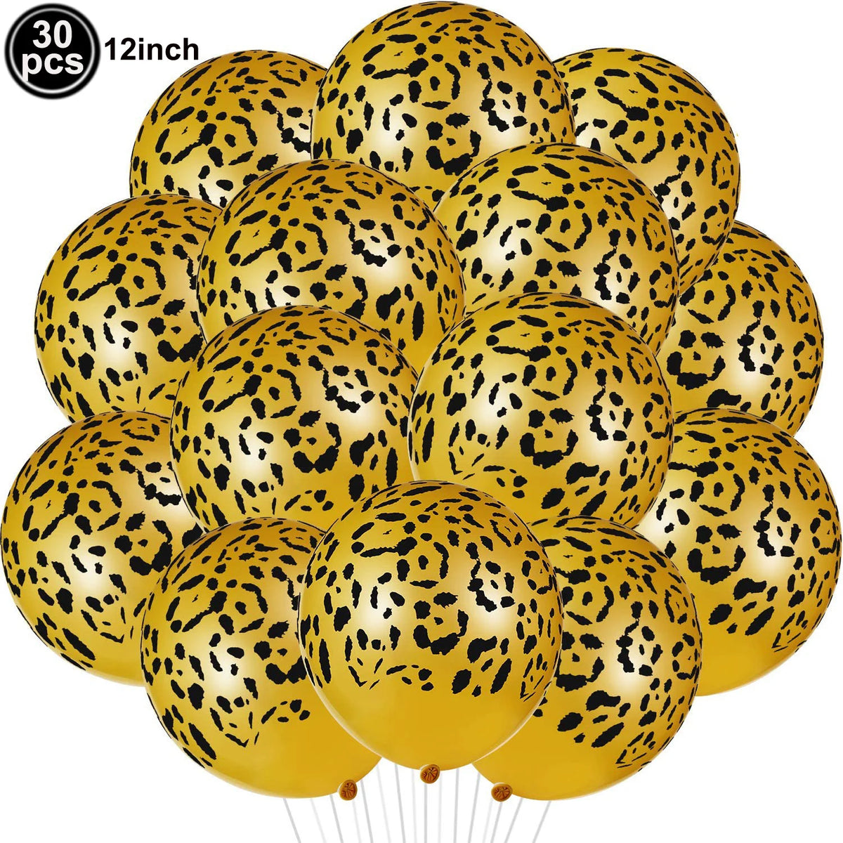 A set of 30 gold foil balloons with a leopard print pattern for party decorations.