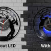 Comparison of a vintage vinyl record wall clock without LED illumination and with LED illumination.