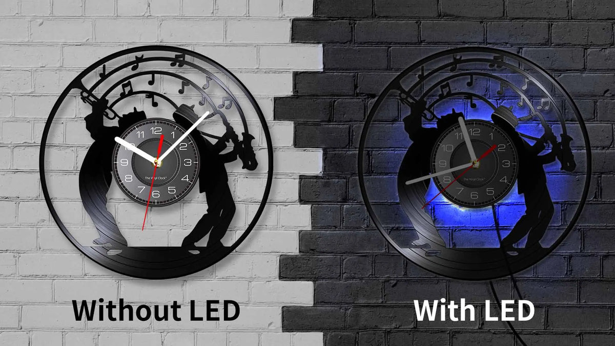 Comparison of a vintage vinyl record wall clock without LED illumination and with LED illumination.