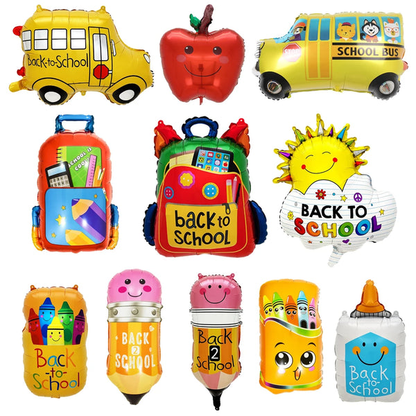 A collection of cartoon foil balloons featuring school-themed characters and designs for decoration.