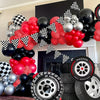 A balloon garland arch featuring red, black, and silver balloons with checker tire accents.