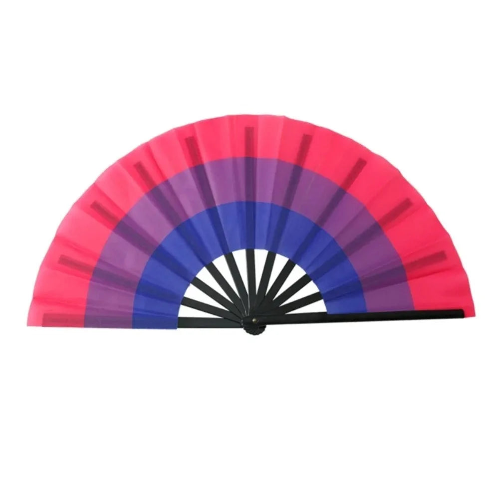 A colorful folding hand fan with shades of pink, purple, and blue.