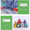 Five festive drawstring gift bags featuring Santa and snowman designs in various colors