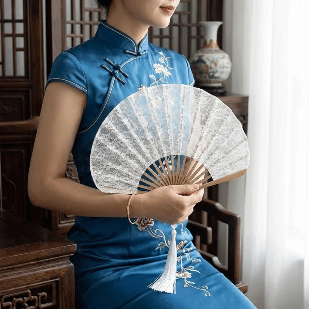 Vintage Lace Folding Hand Fan with Tassels