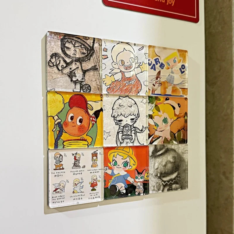 A grid of custom fridge magnets featuring various characters and designs.