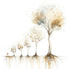 Watercolor illustration of a large tree with smaller saplings and roots, symbolizing growth and life.