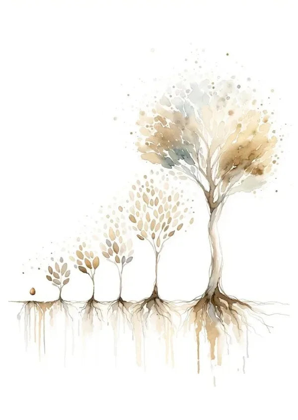 Watercolor illustration of a large tree with smaller saplings and roots, symbolizing growth and life.