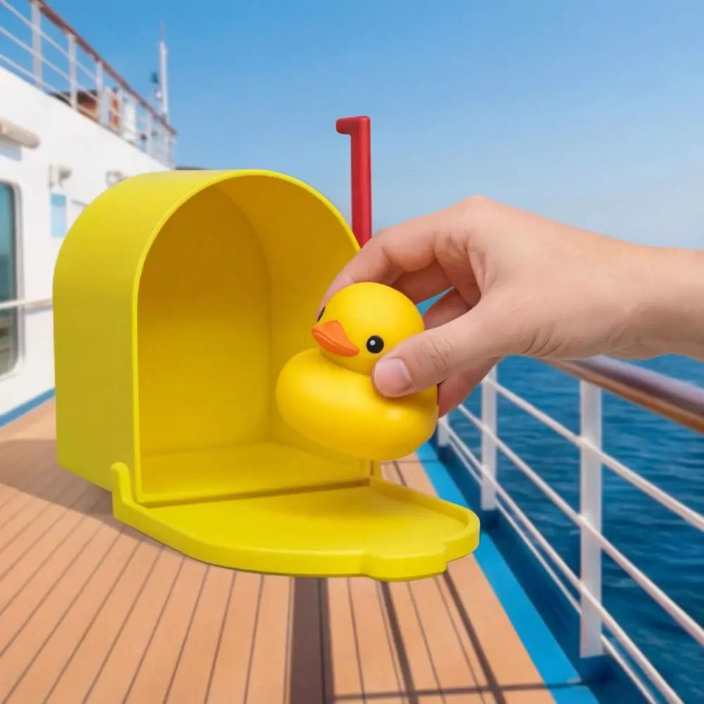 A hand is holding a yellow magnetic duck mailbox cover with a hidden duckling against a blue sea background.