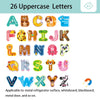A set of 26 uppercase letter magnetic alphabet learning magnets in various colors and shapes.