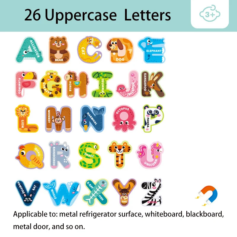 A set of 26 uppercase letter magnetic alphabet learning magnets in various colors and shapes.