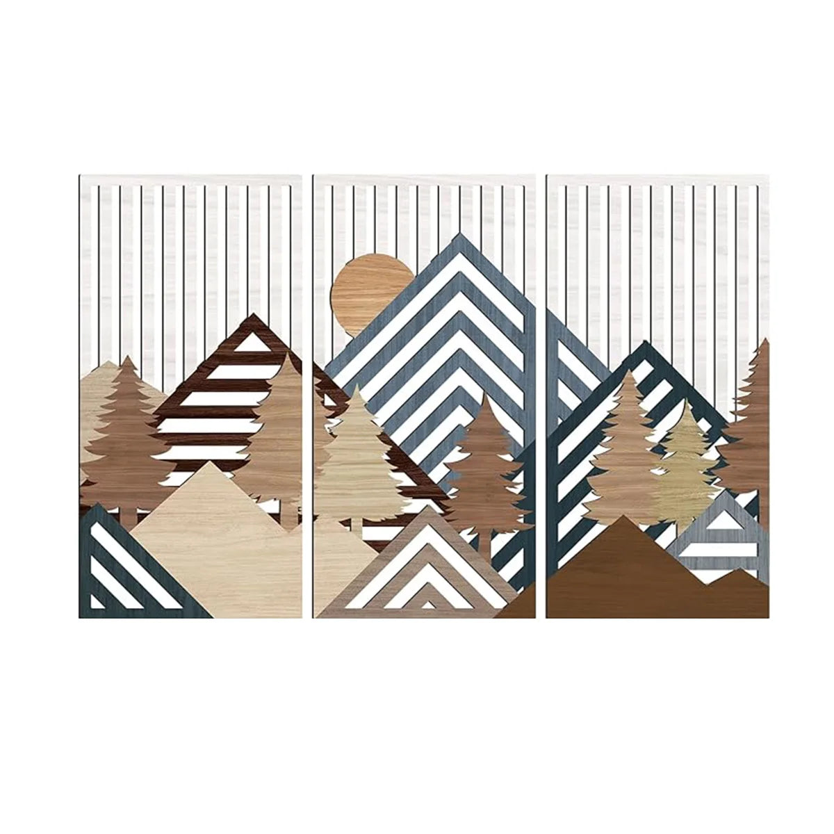 Set aus drei Holzpaneelen zur Wanddekoration mit stilisierten Bergen, Bäumen und einer Sonnensymbole in natürlichen Holz- und