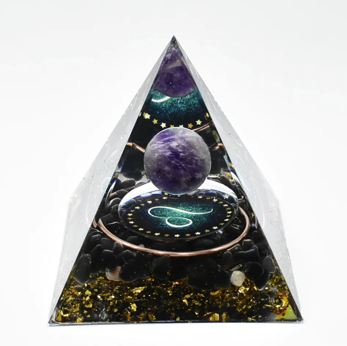 Handmade resin orgonite pyramid featuring natural obsidian and a copper coil.