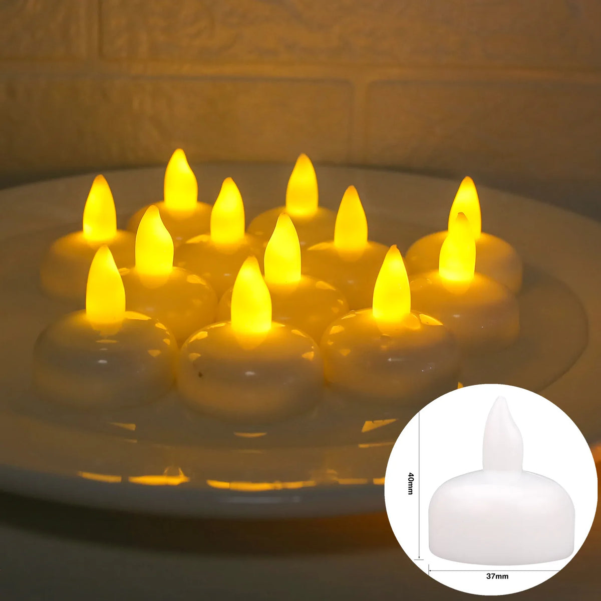 A row of glowing yellow LED tealight candles on a white plate with a close-up view of the candle size.