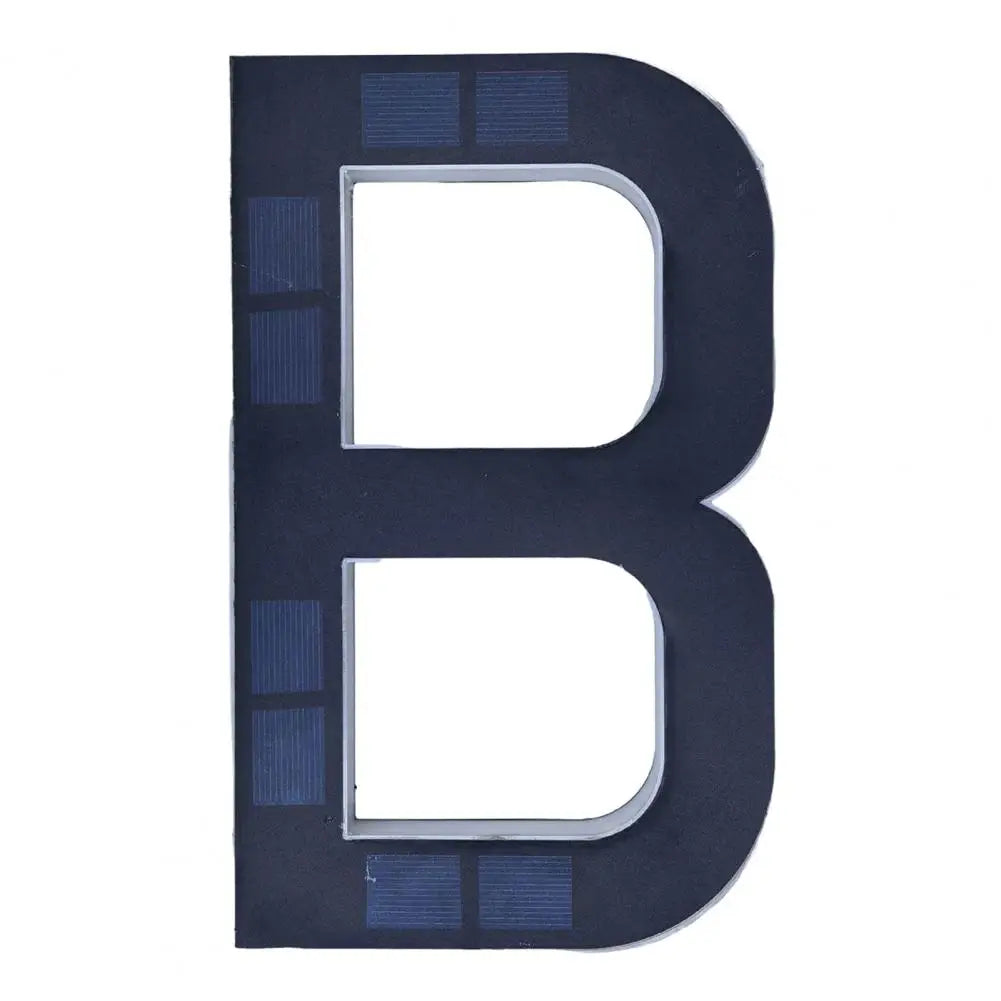 A dark blue solar LED house number sign shaped like the letter B with automatic dusk-to-dawn lighting.