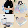 Iridescent holographic gift bags with sturdy black handles shown in various colors and angles.